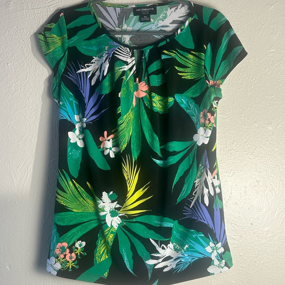 Liz Claiborne Black Tropical Floral Cap-Sleeve Blouse